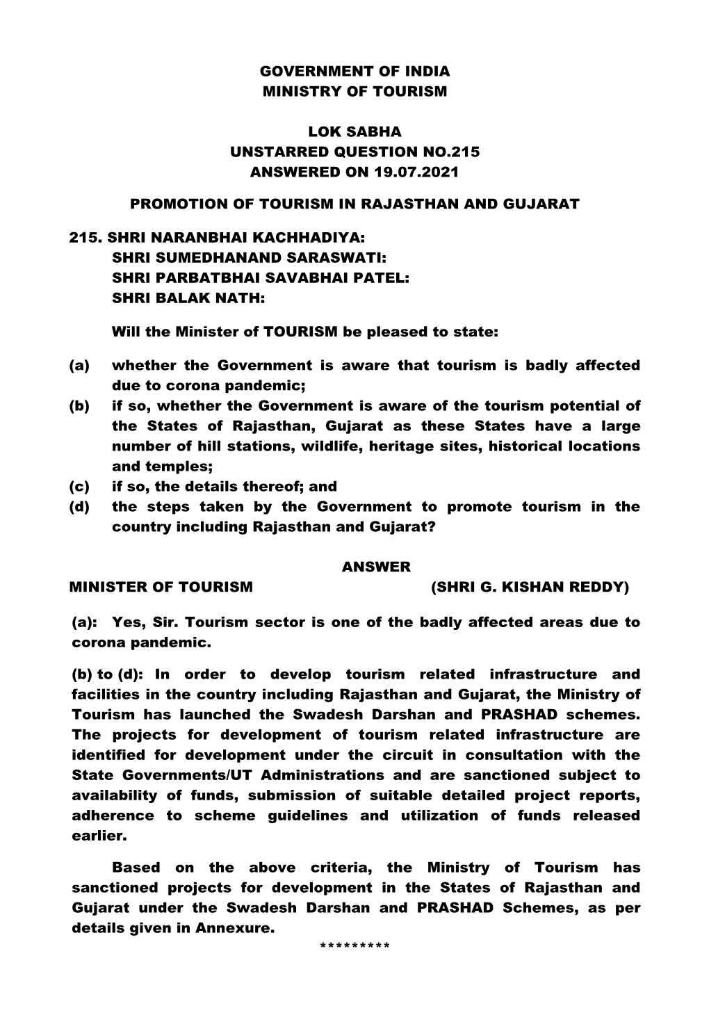 Government of India Ministry of Tourism Lok Sabha