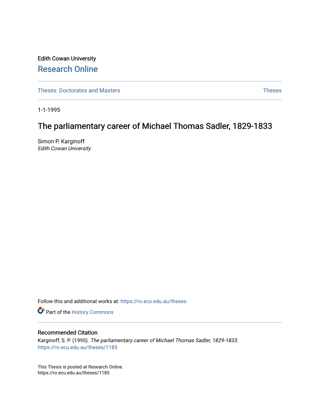 The Parliamentary Career of Michael Thomas Sadler, 1829-1833