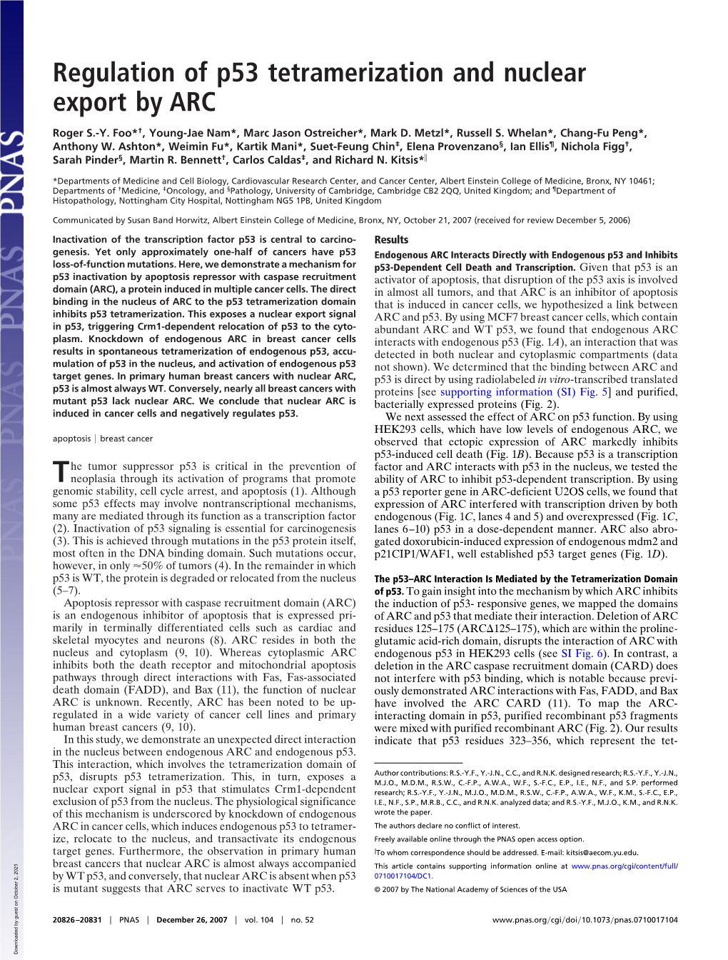 Regulation of P53 Tetramerization and Nuclear Export by ARC