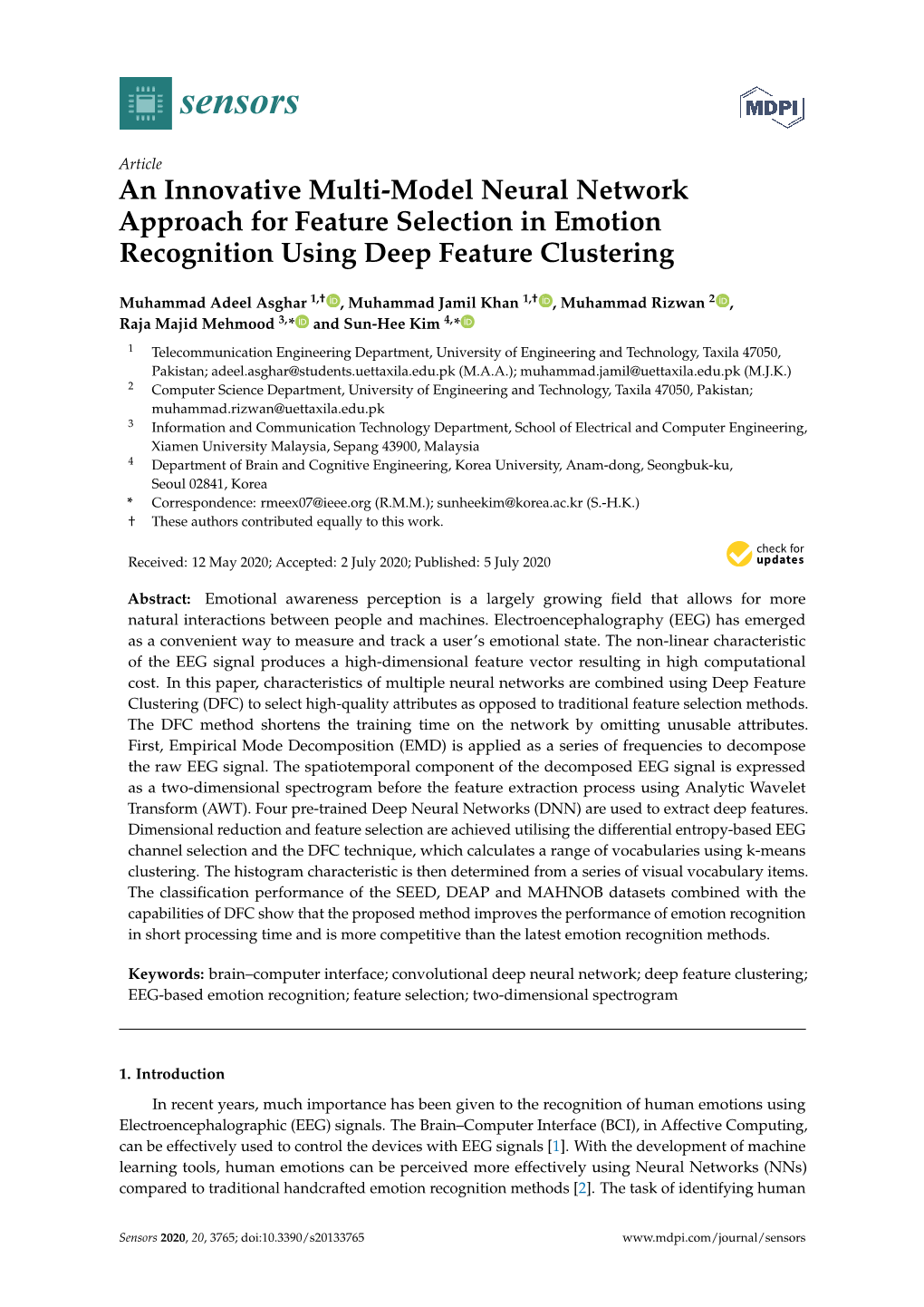 An Innovative Multi-Model Neural Network Approach for Feature Selection in Emotion Recognition Using Deep Feature Clustering