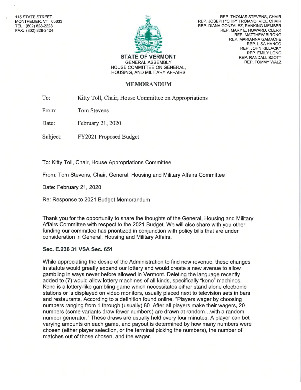 Committee Memo on Proposed FY2021 Budget