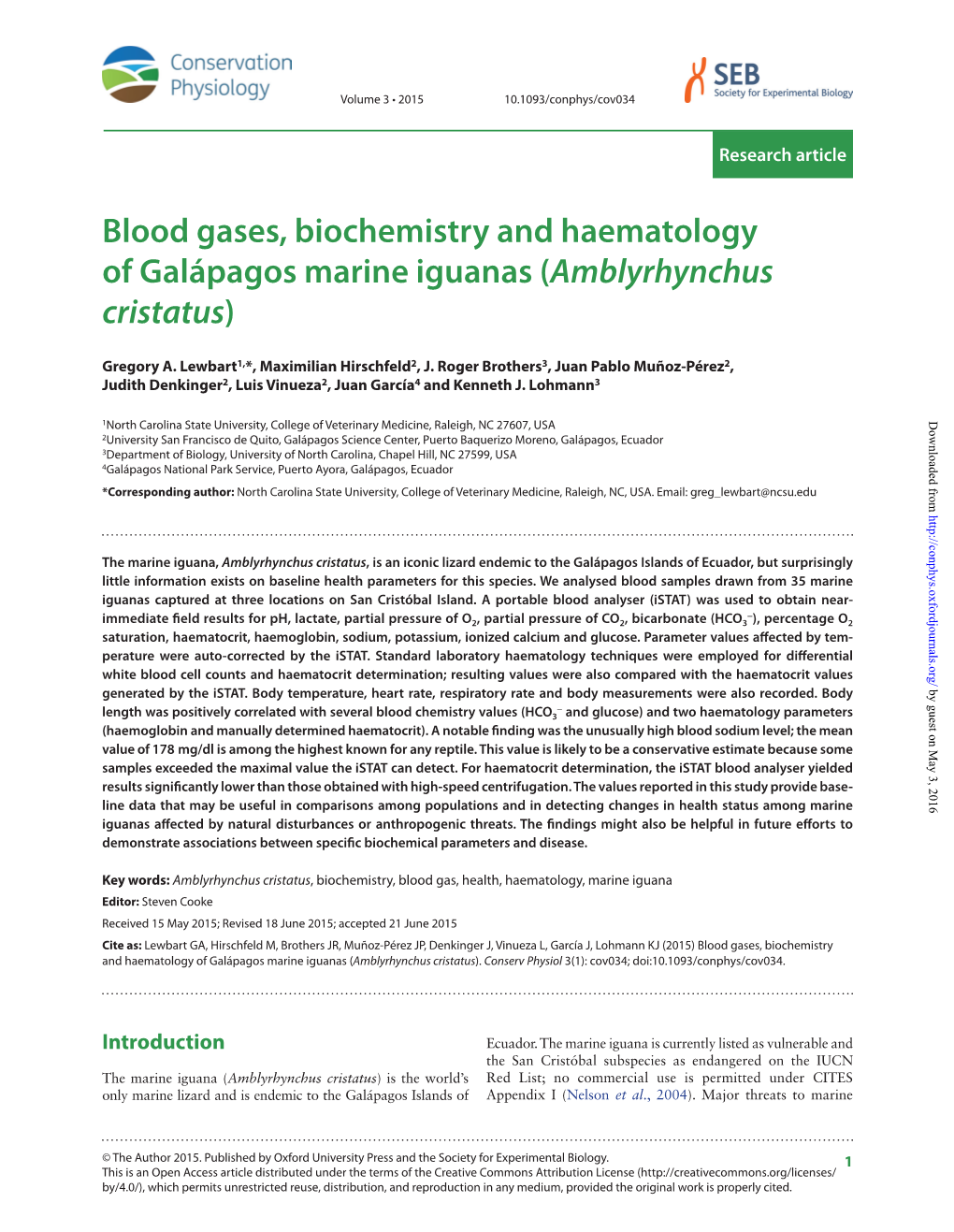 Blood Gases, Biochemistry and Haematology of Galápagos Marine Iguanas (Amblyrhynchus Cristatus)