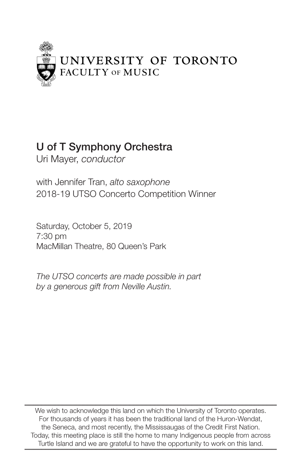 U of T Symphony Orchestra Uri Mayer, Conductor