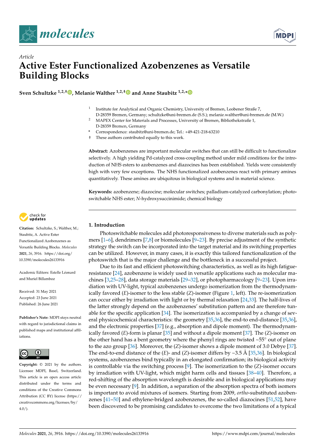 Active Ester Functionalized Azobenzenes As Versatile Building Blocks