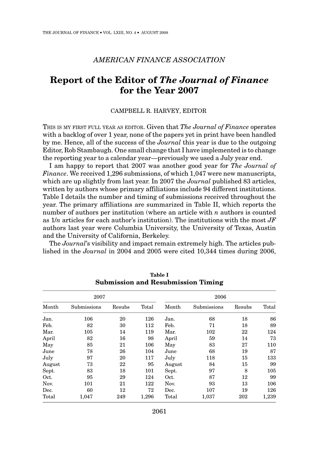 Report of the Editor of the Journal of Finance for the Year 2007