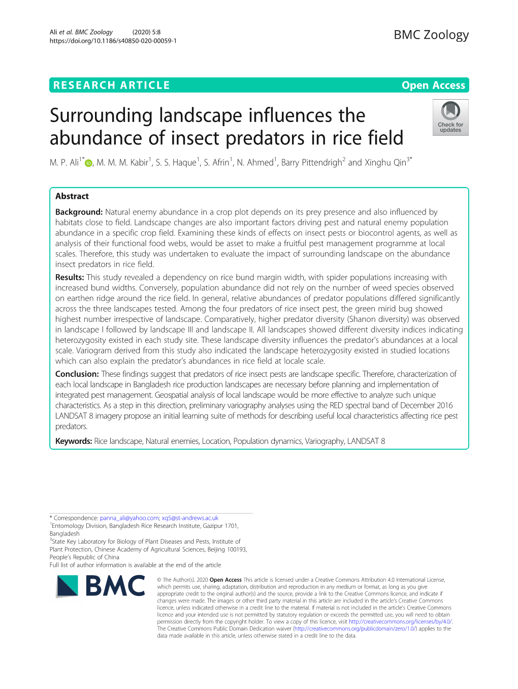 Surrounding Landscape Influences the Abundance of Insect Predators in Rice Field M