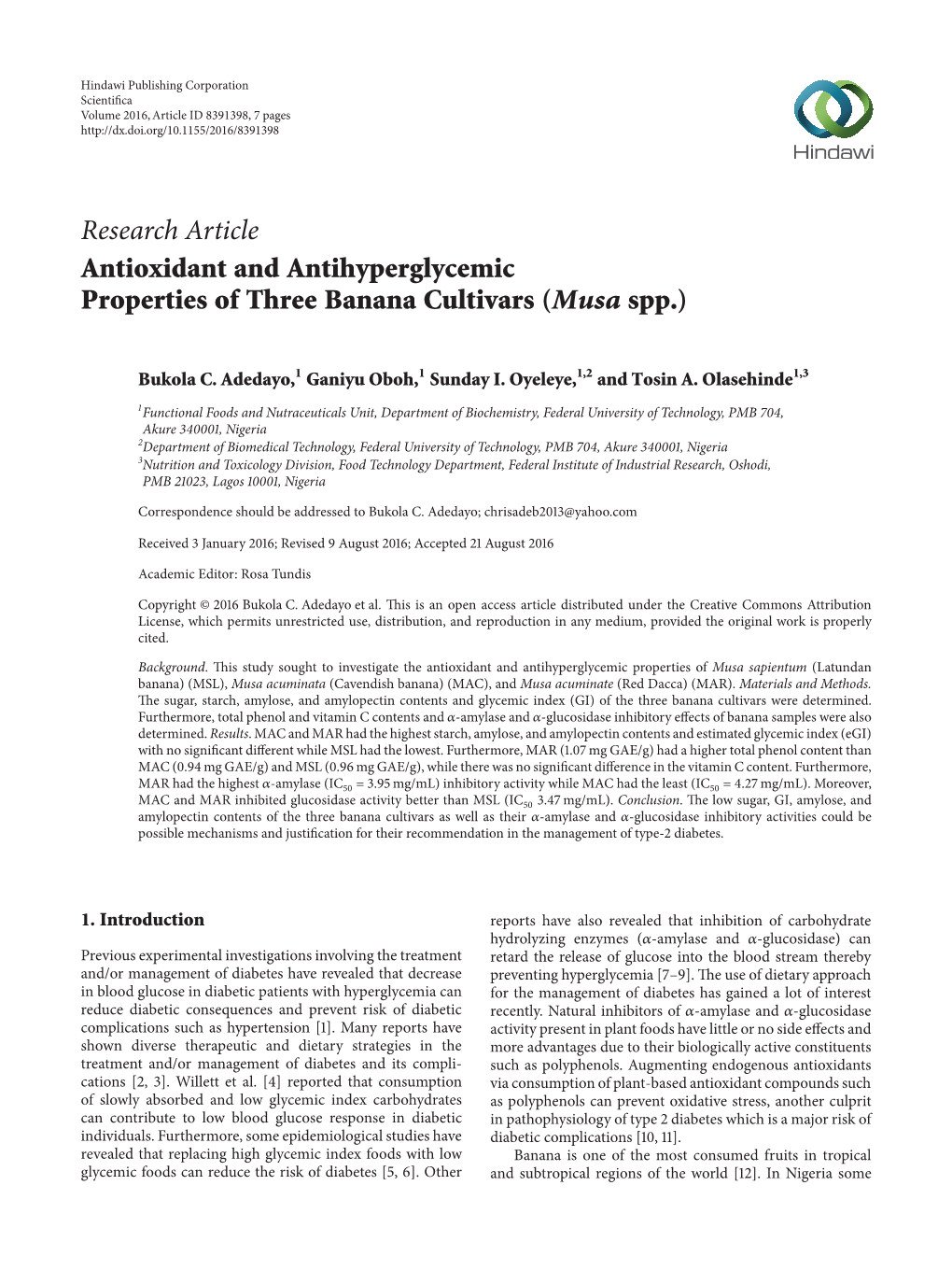 Antioxidant and Antihyperglycemic Properties of Three Banana Cultivars (Musa Spp.)