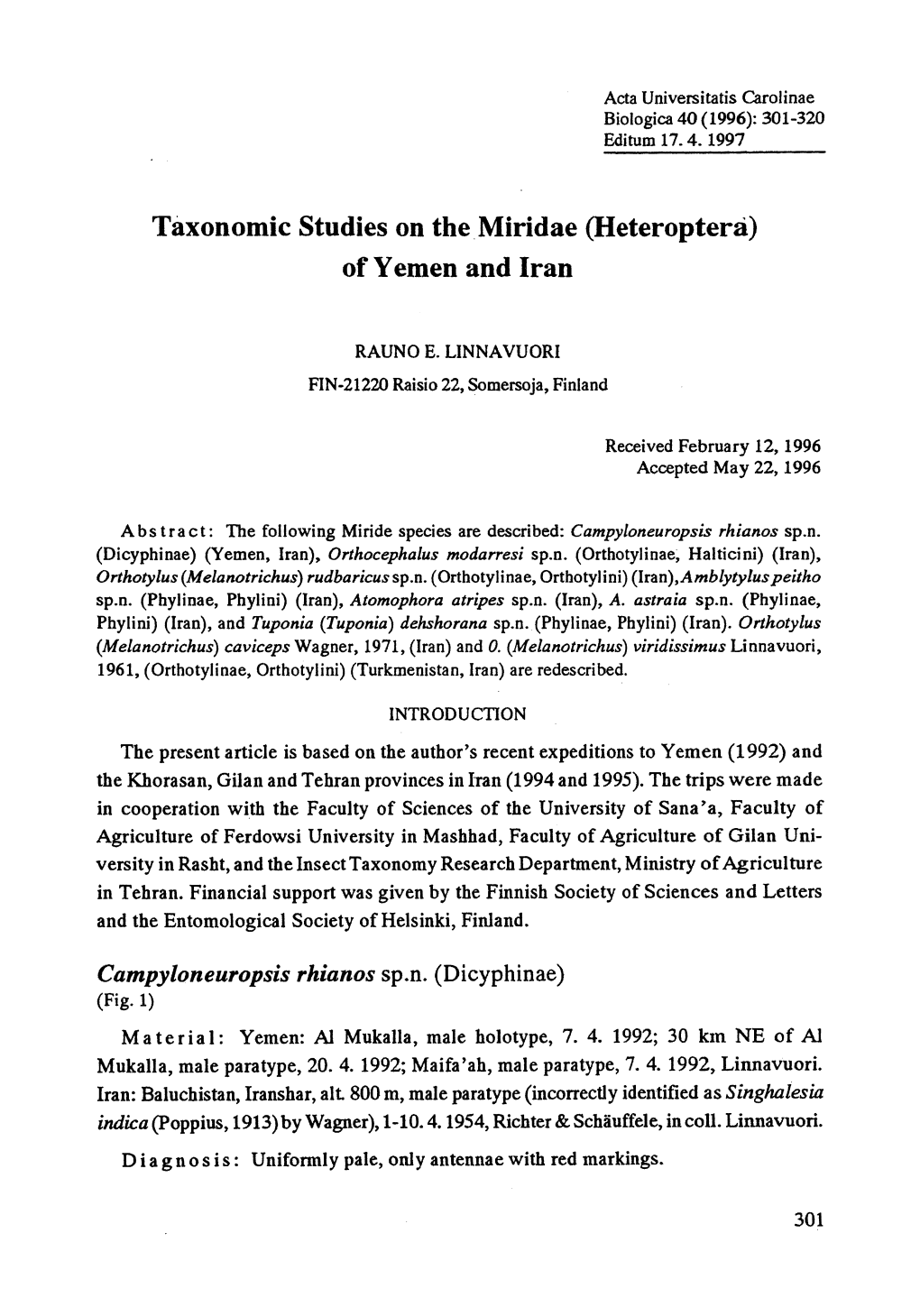 Taxonomic Studies on the Miridae (Heteroptera) of Yemen and Iran