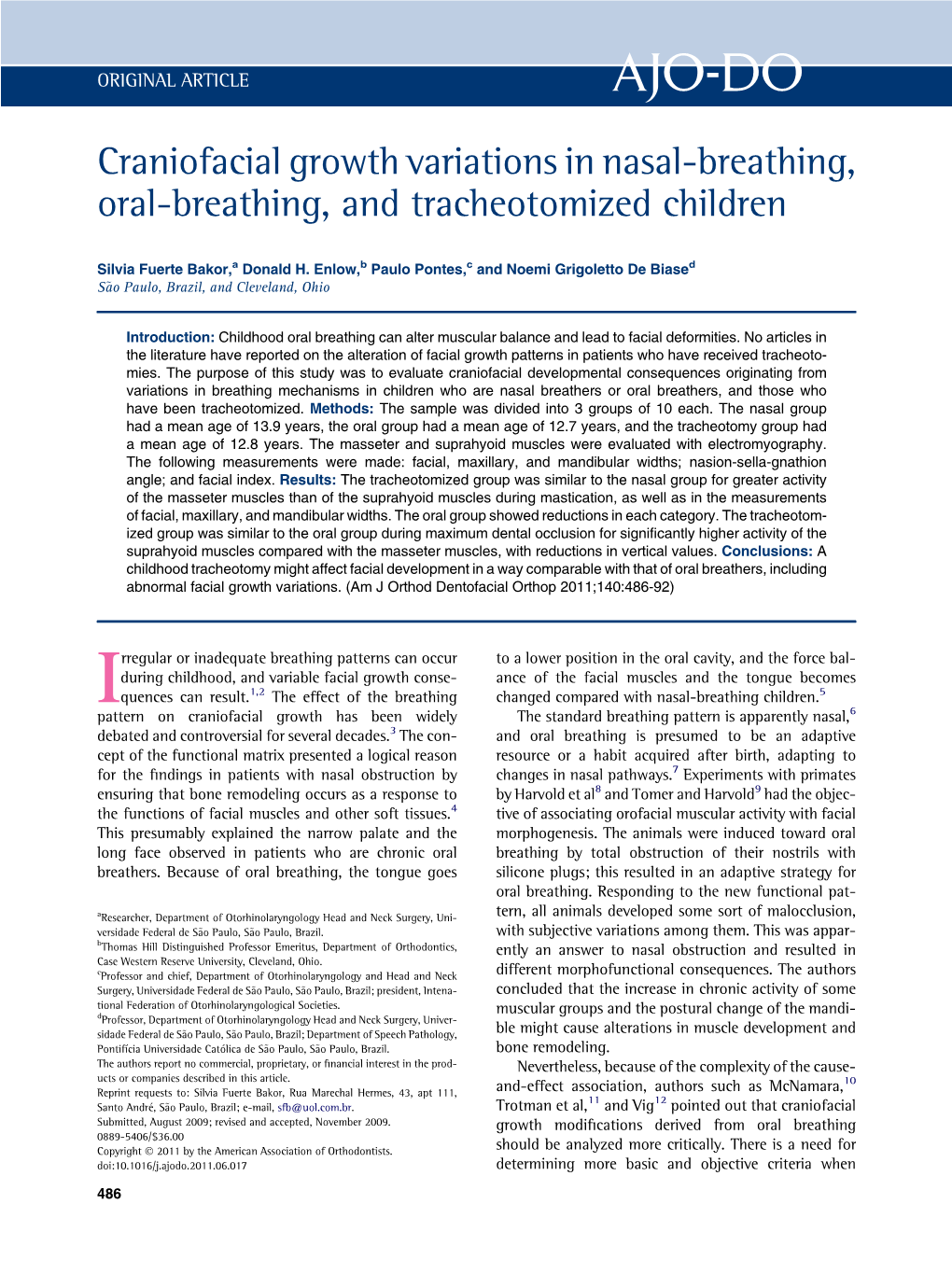 Craniofacial Growth Variations in Nasal-Breathing, Oral-Breathing, and Tracheotomized Children