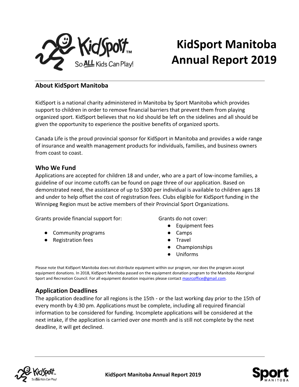 Kidsport Manitoba Annual Report 2019