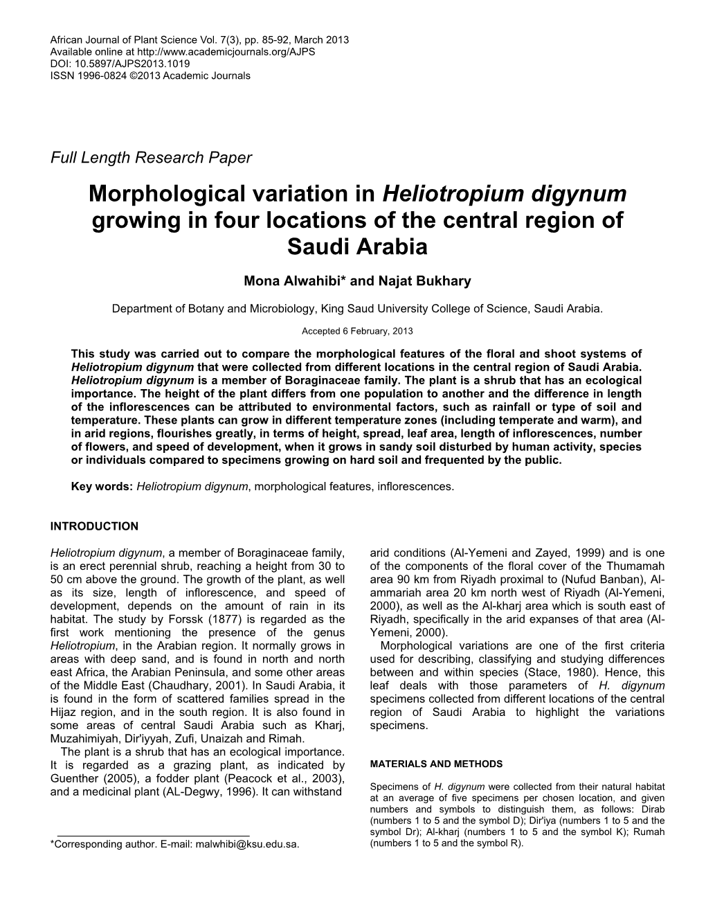 Morphological Variation in Heliotropium Digynum Growing in Four Locations of the Central Region of Saudi Arabia