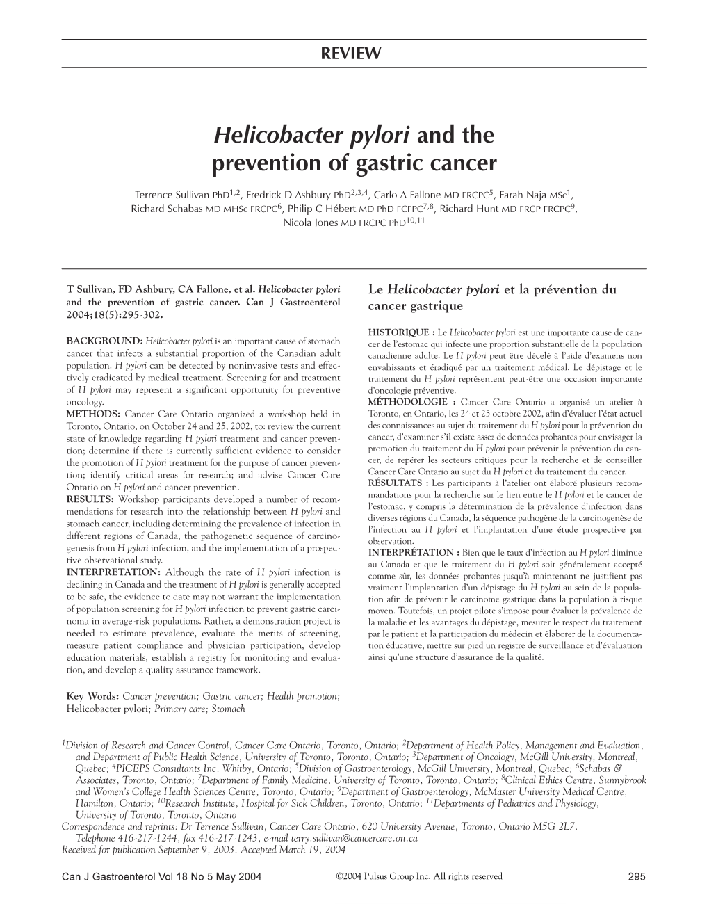 Helicobacter Pylori and the Prevention of Gastric Cancer