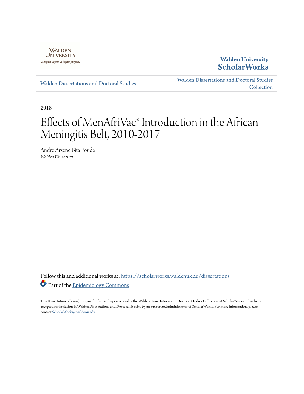 Effects of Menafrivac® Introduction in the African Meningitis Belt, 2010-2017 Andre Arsene Bita Fouda Walden University