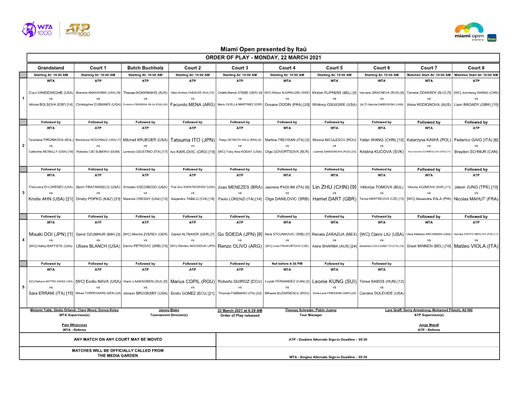 Miami Open Presented by Itaú ORDER of PLAY - MONDAY, 22 MARCH 2021