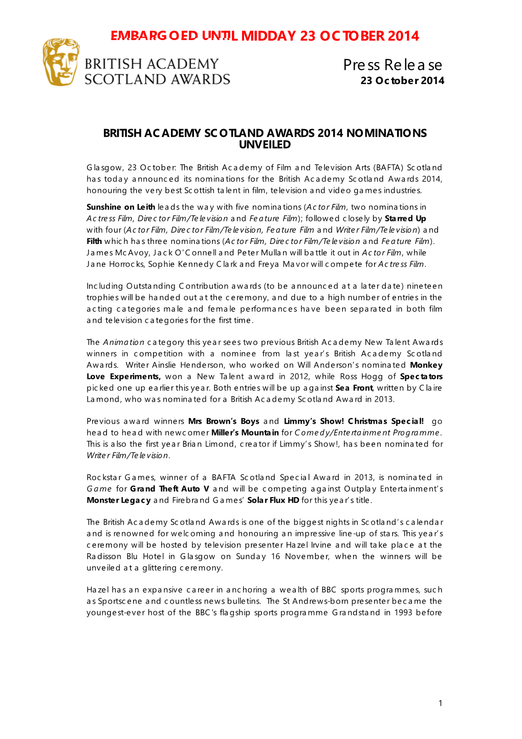 Press Release 23 October 2014