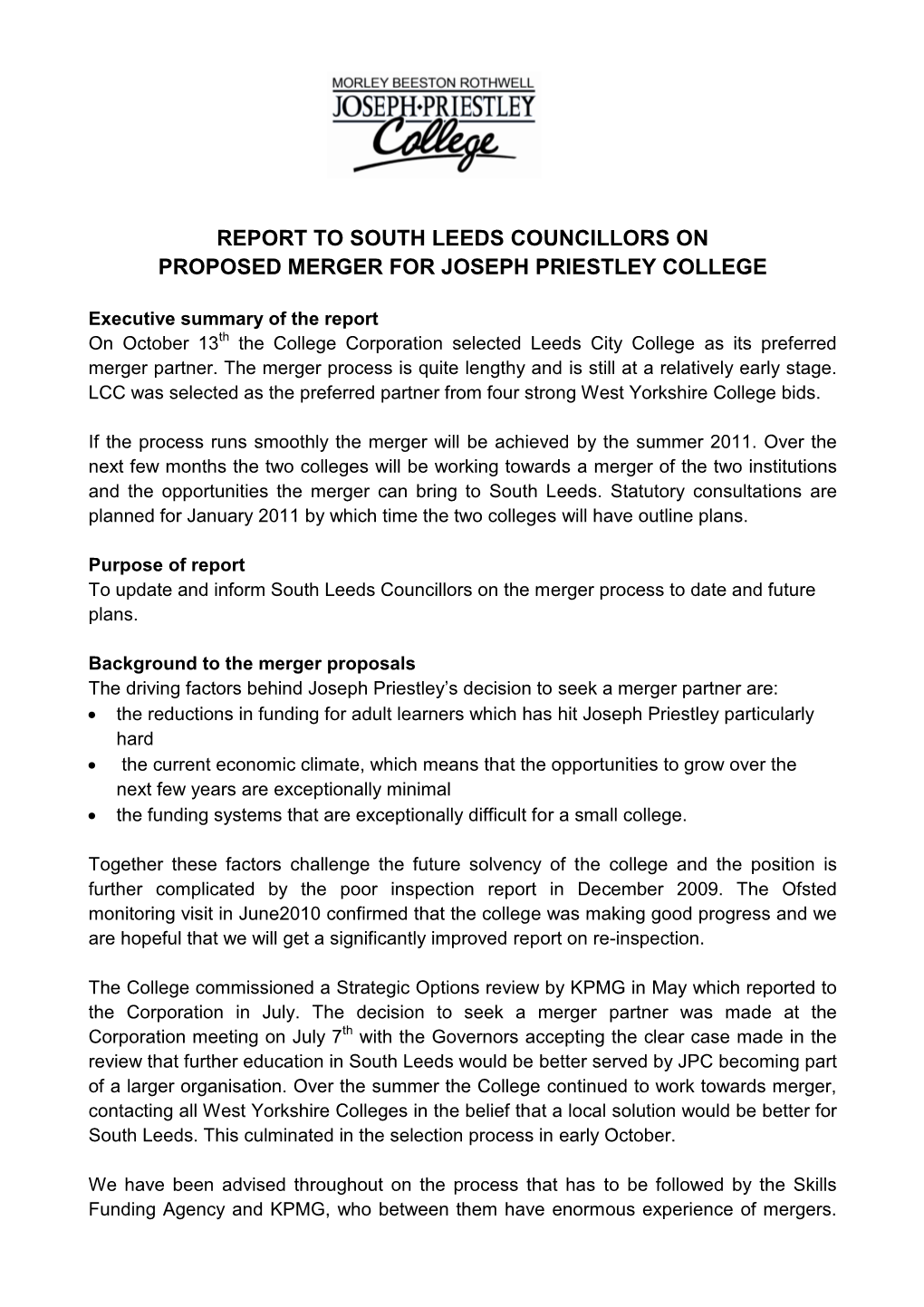 Report to South Leeds Councillors on Proposed Merger for Joseph Priestley College