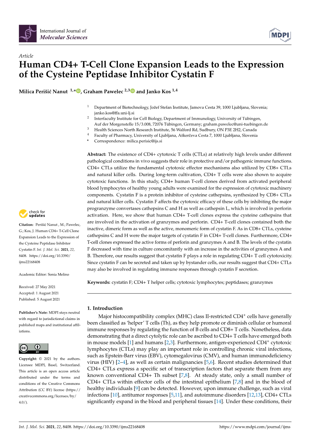 Human CD4+ T-Cell Clone Expansion Leads to the Expression of the Cysteine Peptidase Inhibitor Cystatin F