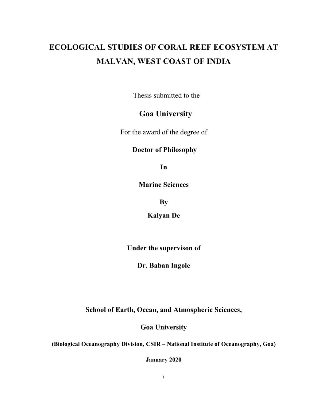 Ecological Studies of Coral Reef Ecosystem at Malvan, West Coast of India