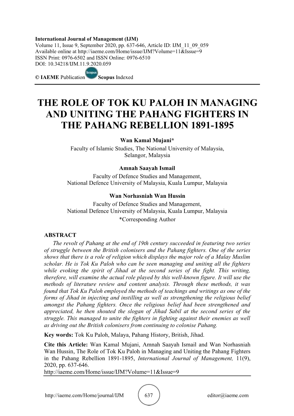 The Role of Tok Ku Paloh in Managing and Uniting the Pahang Fighters in the Pahang Rebellion 1891-1895