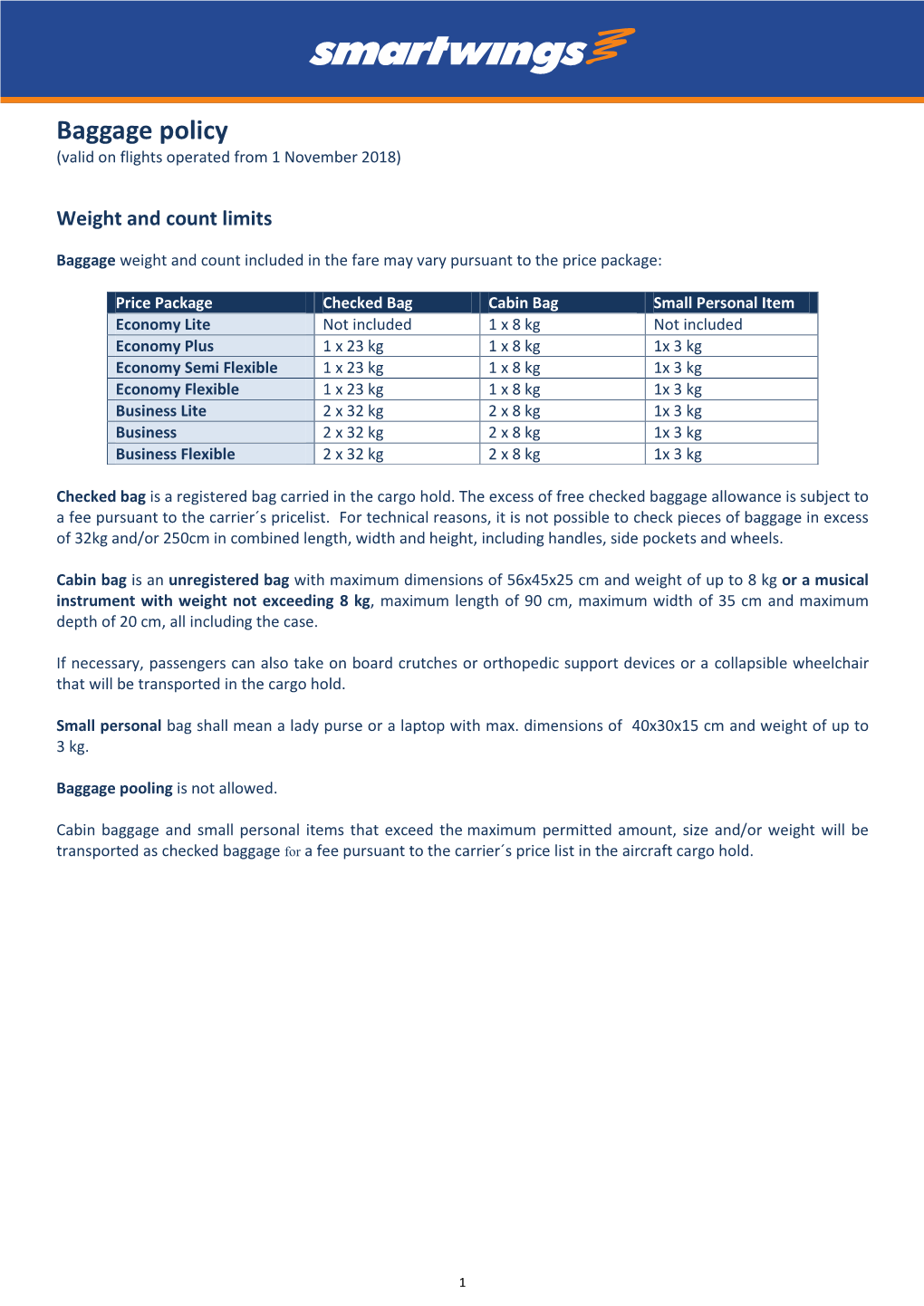 Baggage Policy (Valid on Flights Operated from 1 November 2018)