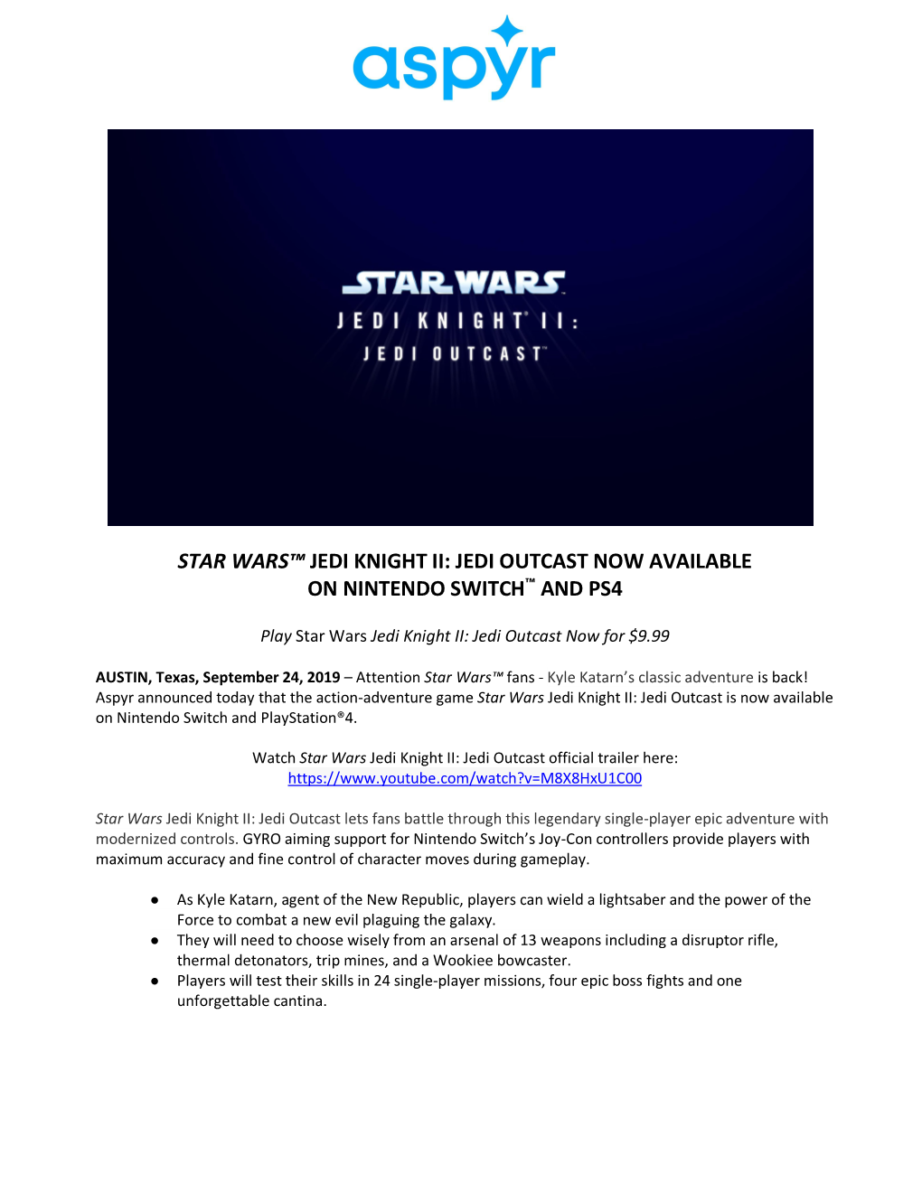 Star Wars™ Jedi Knight Ii: Jedi Outcast Now Available on Nintendo Switch™ and Ps4