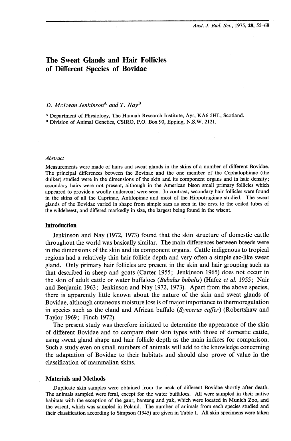 The Sweat Glands and Hair Follicles of Different Species of Bovidae