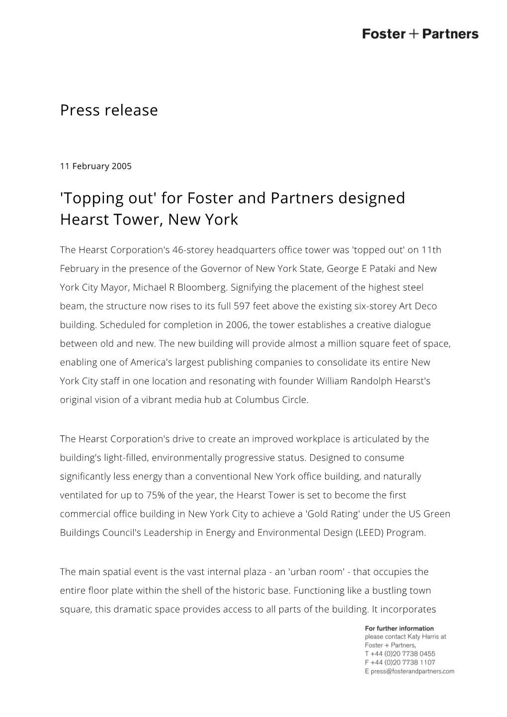 Press Release 'Topping Out' for Foster and Partners Designed Hearst Tower, New York
