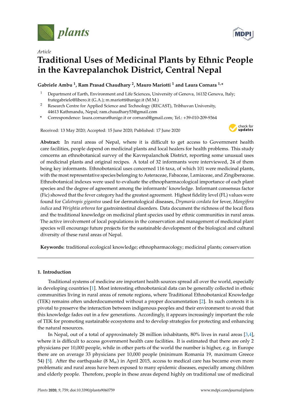 Traditional Uses of Medicinal Plants by Ethnic People in the Kavrepalanchok District, Central Nepal