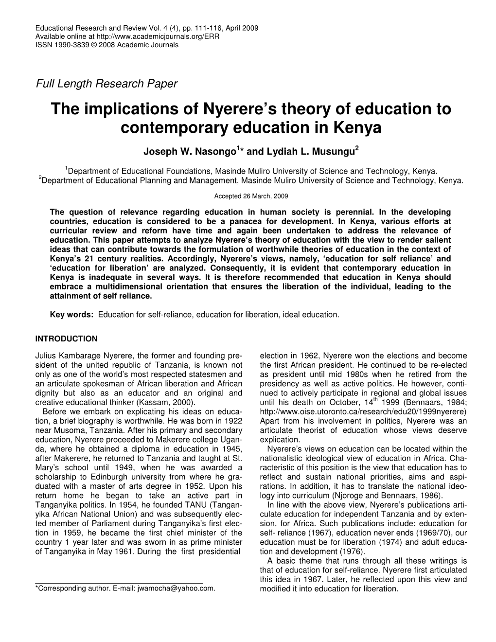 The Implications of Nyerere's Theory of Education to Contemporary