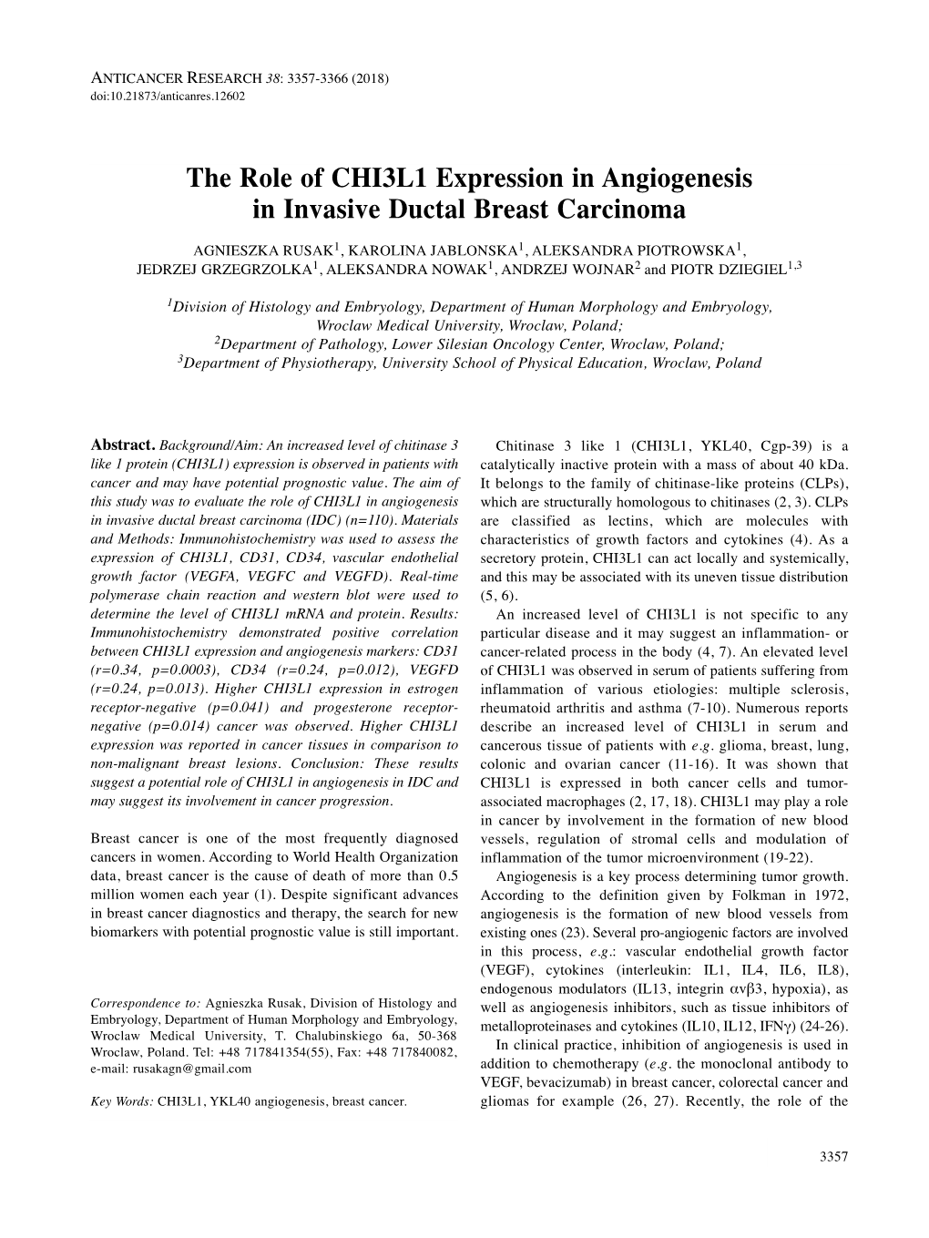 The Role of CHI3L1 Expression in Angiogenesis in Invasive Ductal Breast Carcinoma