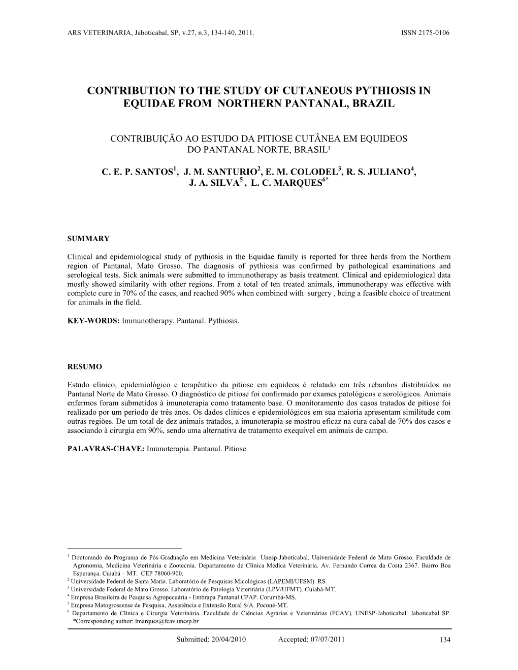 Contribution to the Study of Cutaneous Pythiosis in Equidae from Northern Pantanal, Brazil