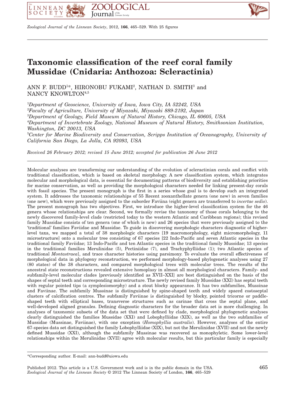 Taxonomic Classification of the Reef Coral Family Mussidae (Cnidaria: Anthozoa: Scleractinia)