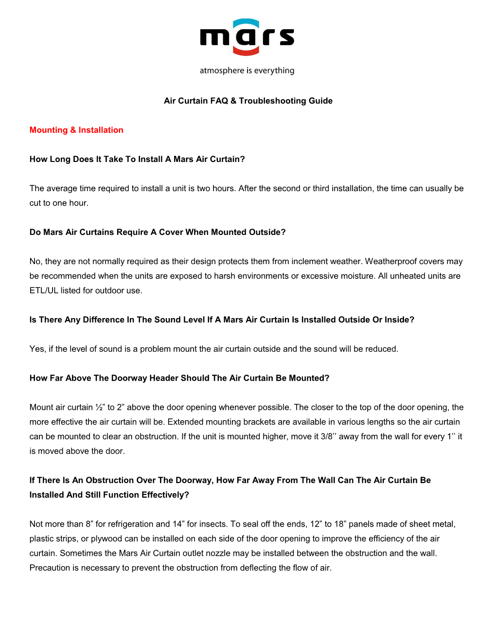 Air Curtain FAQ & Troubleshooting Guide Mounting & Installation How