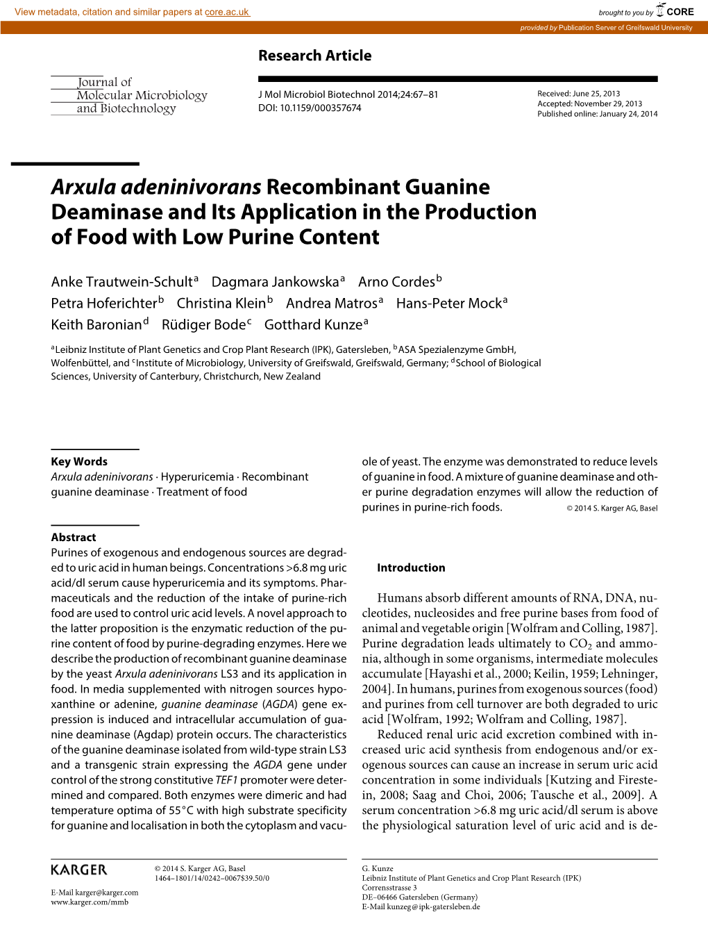 Arxula Adeninivorans Recombinant Guanine Deaminase and Its Application in the Production of Food with Low Purine Content