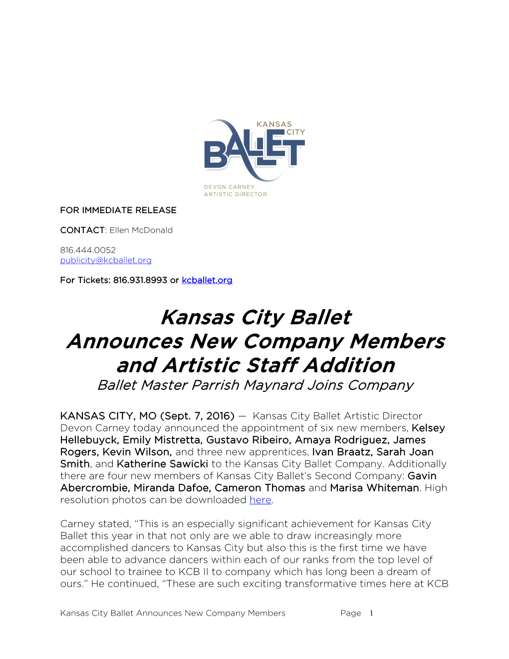 September 7, 2016 Kansas City Ballet Announces New Company