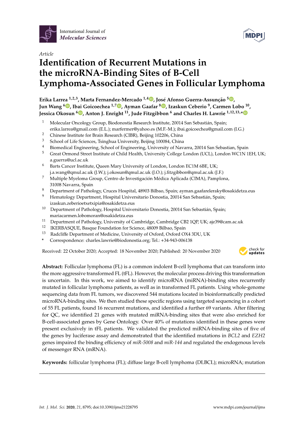 Identification of Recurrent Mutations in the Microrna-Binding Sites of B