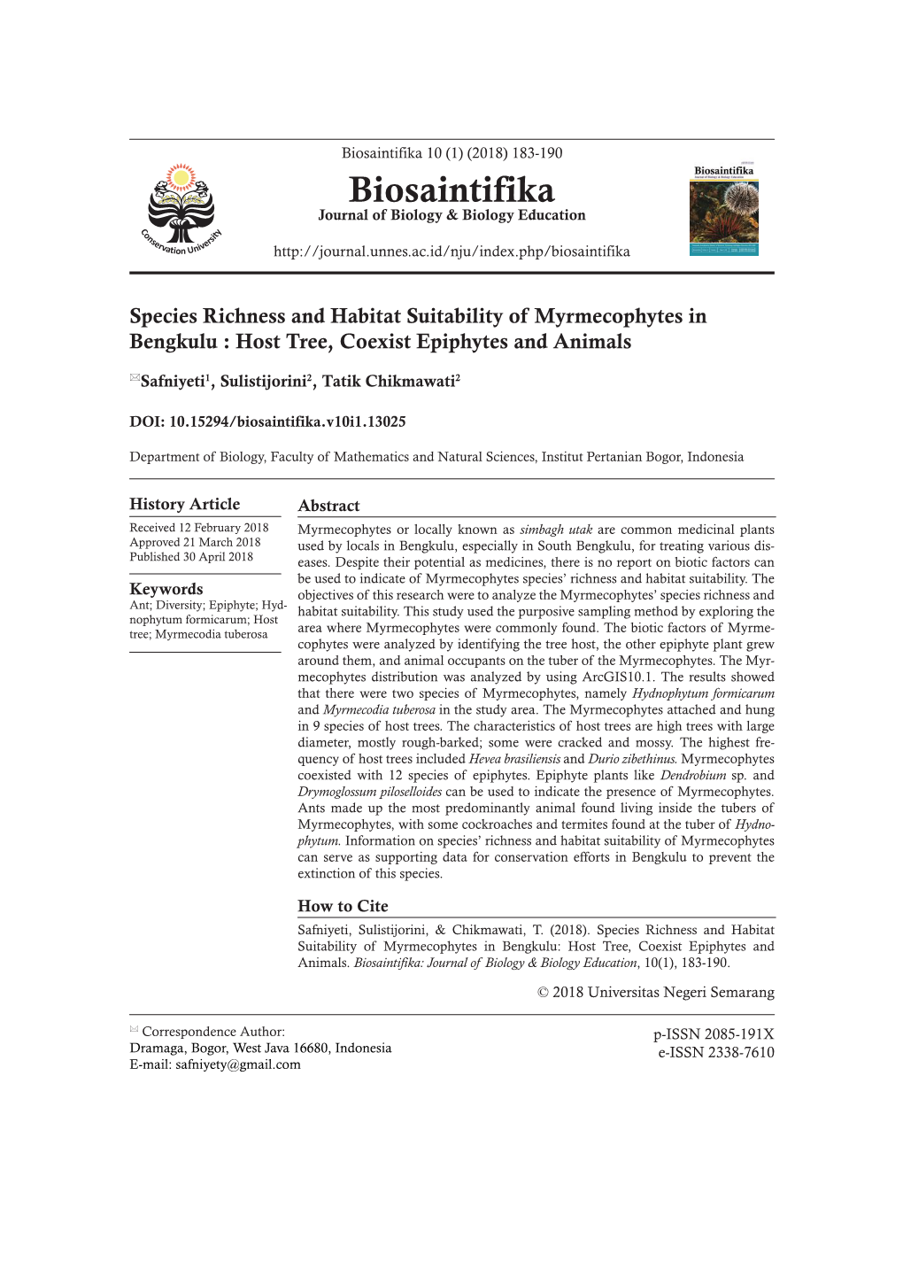 Species Richness and Habitat Suitability of Myrmecophytes in Bengkulu : Host Tree, Coexist Epiphytes and Animals