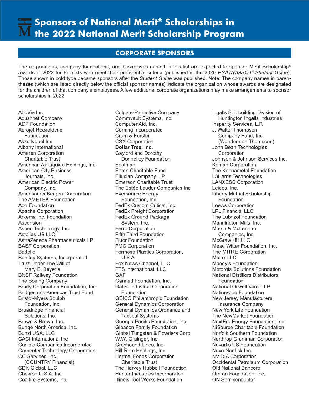 Sponsors of National Merit® Scholarships in the 2022 National Merit Scholarship Program