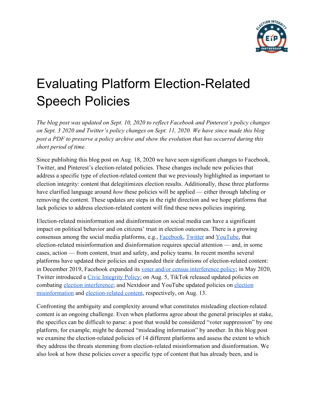 Evaluating Platform Election-Related Speech Policies