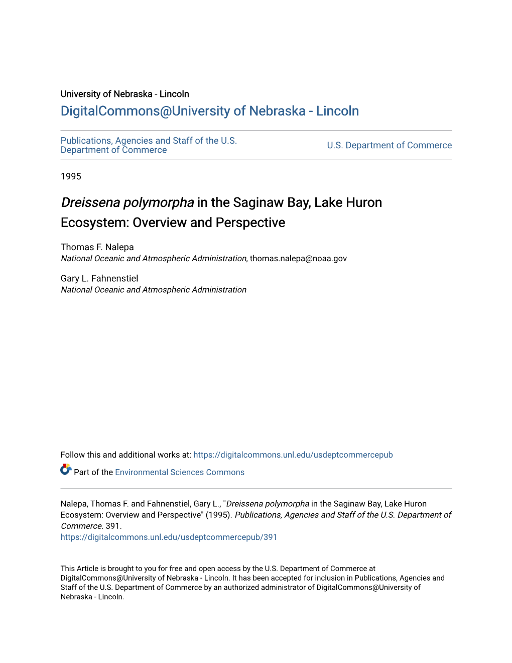 Dreissena Polymorpha in the Saginaw Bay, Lake Huron Ecosystem: Overview and Perspective