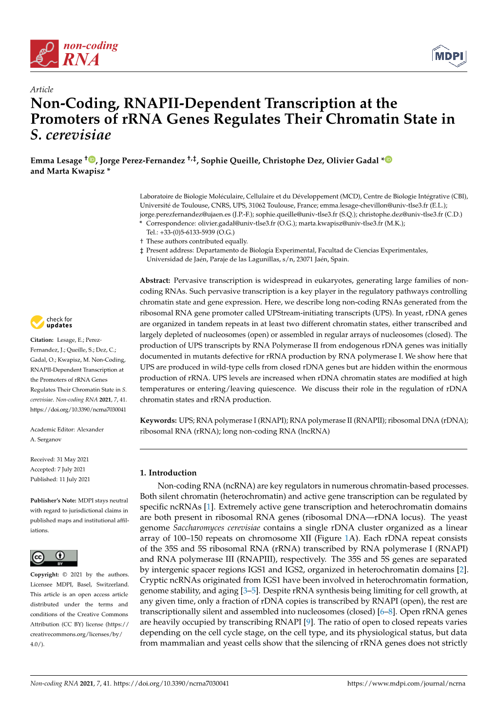 Non-Coding, RNAPII-Dependent Transcription at the Promoters of Rrna Genes Regulates Their Chromatin State in S