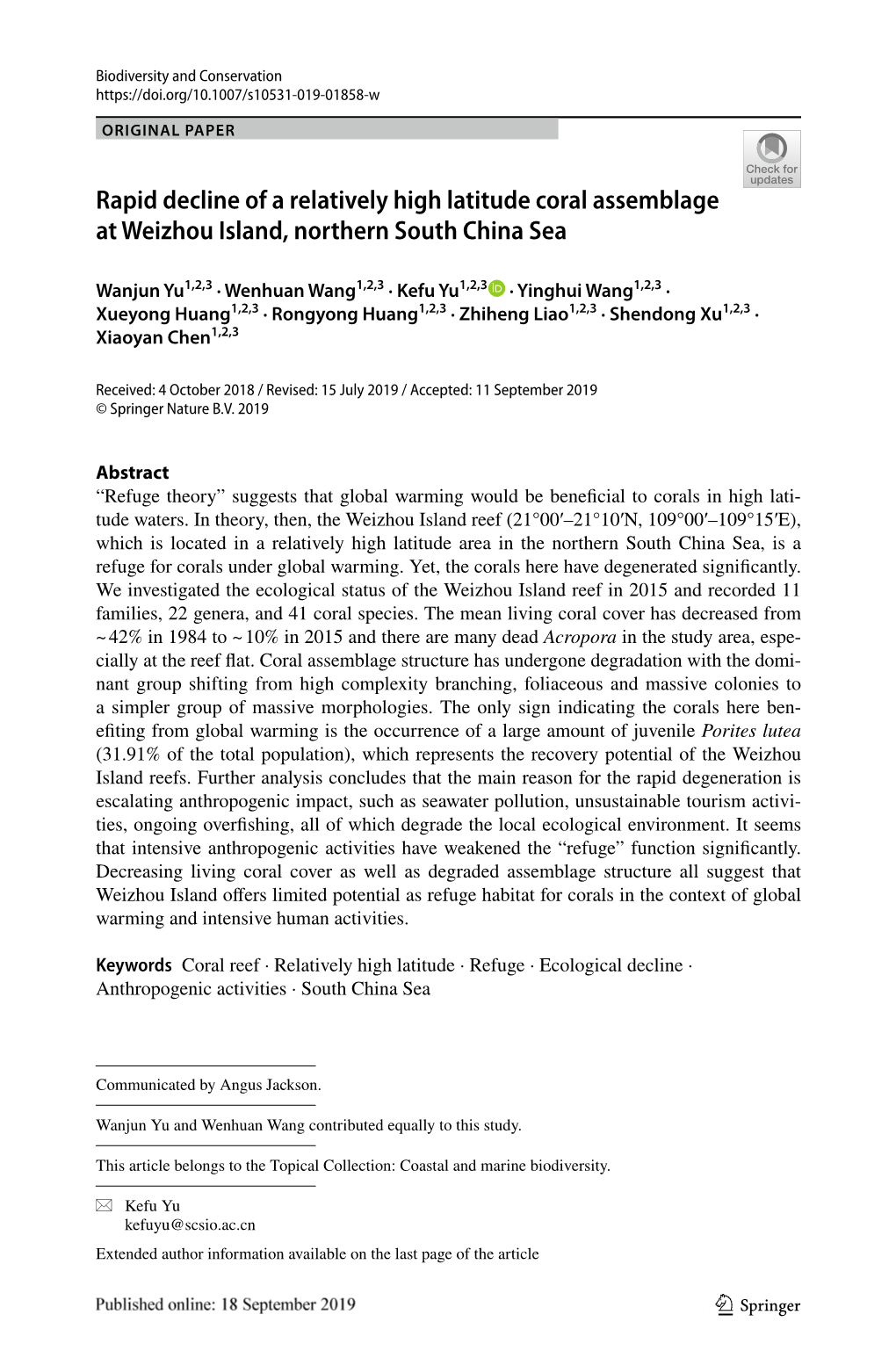 Rapid Decline of a Relatively High Latitude Coral Assemblage at Weizhou Island, Northern South China Sea