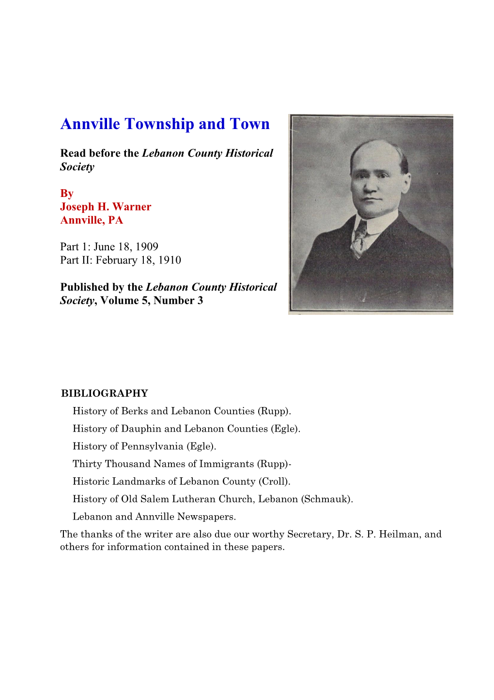 Annville: Township and Town – a History by Joseph H. Warner (1910)