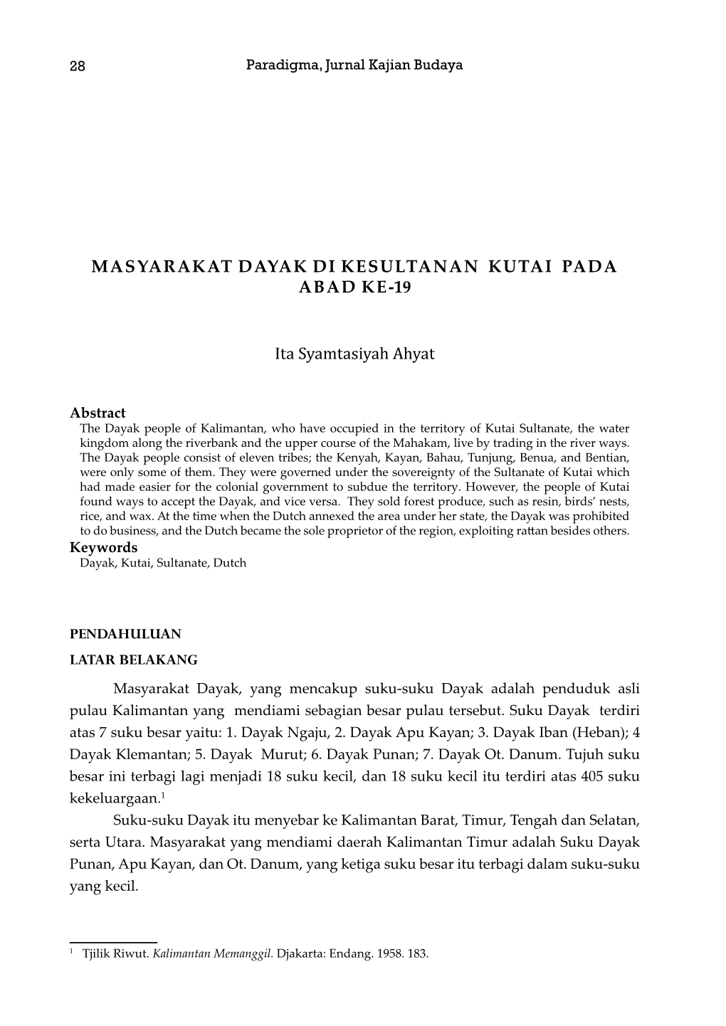 Masyarakat Dayak Di Kesultanan Kutai Pada Abad Ke-19