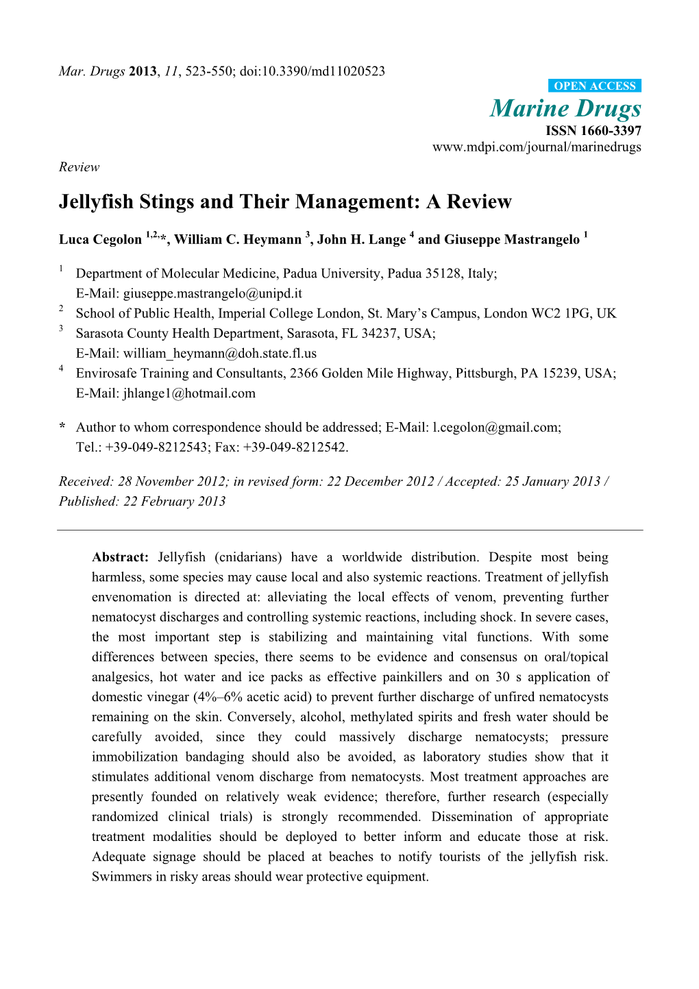 Jellyfish Stings and Their Management: a Review