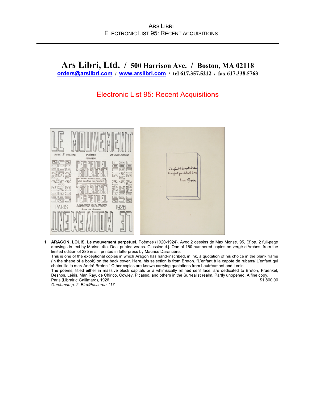 Ars Libri, Ltd. / 500 Harrison Ave. / Boston, MA 02118 Electronic List
