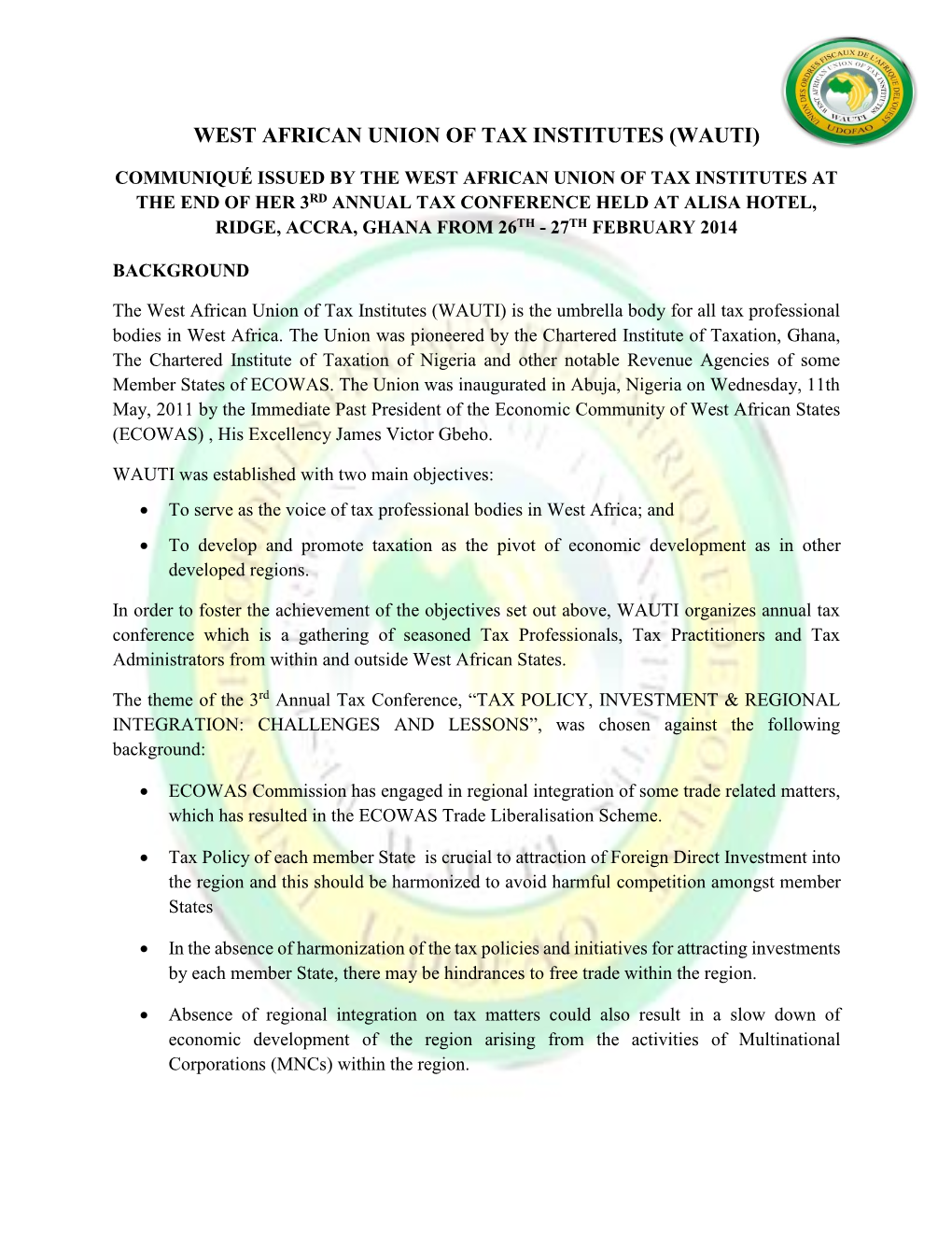 West African Union of Tax Institutes (Wauti)