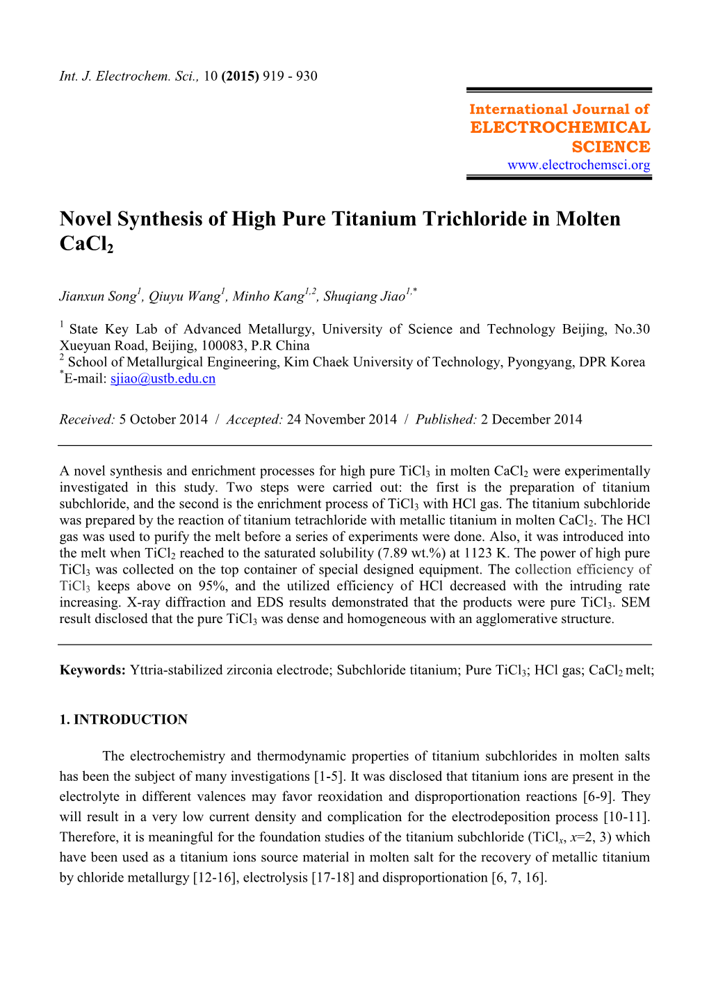 Novel Synthesis of High Pure Titanium Trichloride in Molten Cacl2