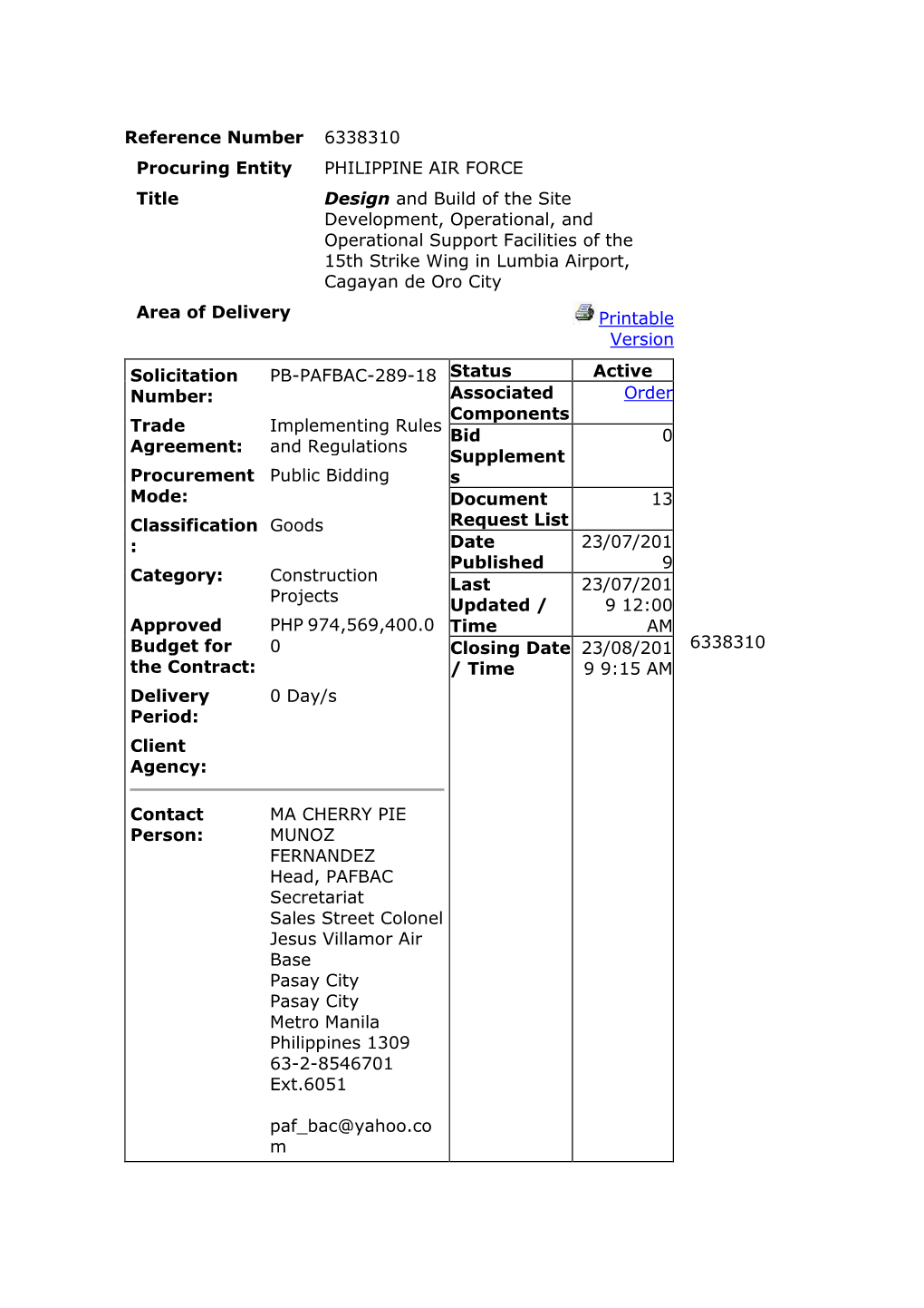 Reference Number 6338310 Procuring Entity PHILIPPINE AIR