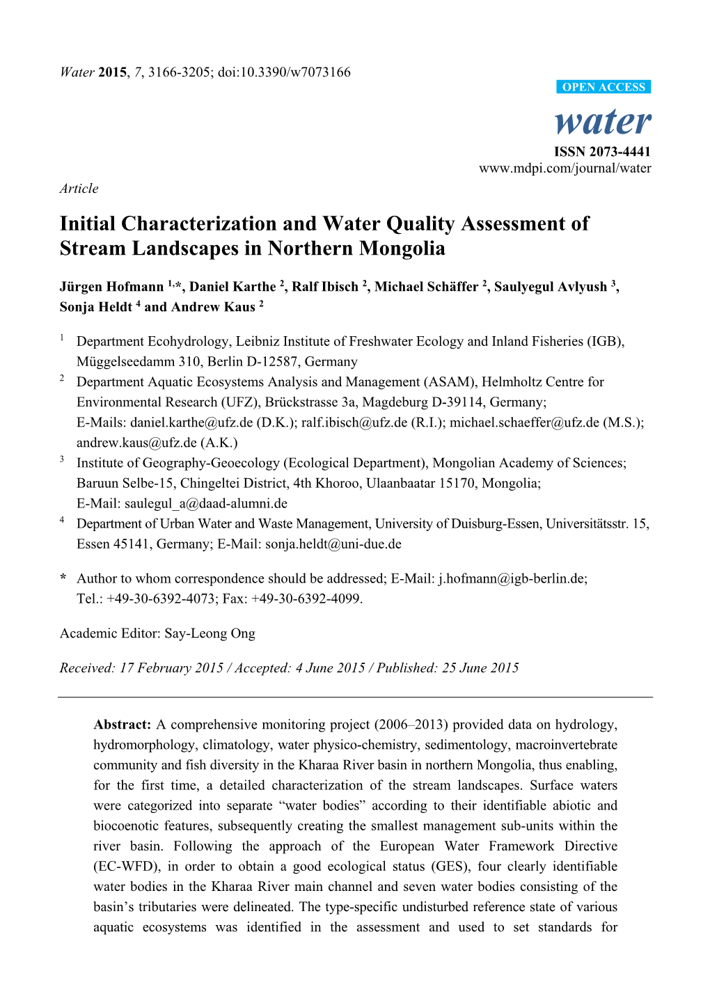 Initial Characterization and Water Quality Assessment of Stream Landscapes in Northern Mongolia